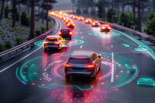 Autonomous Self-Driving Cars Using Sensing System and Wireless Communication Network on Curved Highway at Dusk, Smart Traffic Technology, Driverless Vehicles, Evening Urban Road