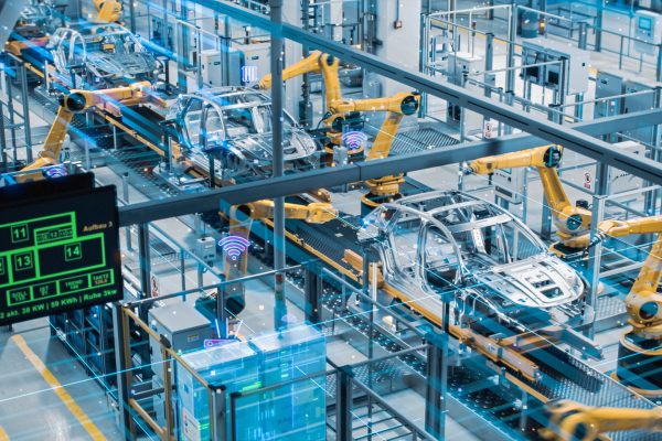Car Factory Digitalization Industry 4.0 5G IOT Concept: Automated Robot Arm Assembly Line Manufacturing High-Tech Electric Vehicles. AI Computer Vision Analyzing, Scanning Production Efficiency